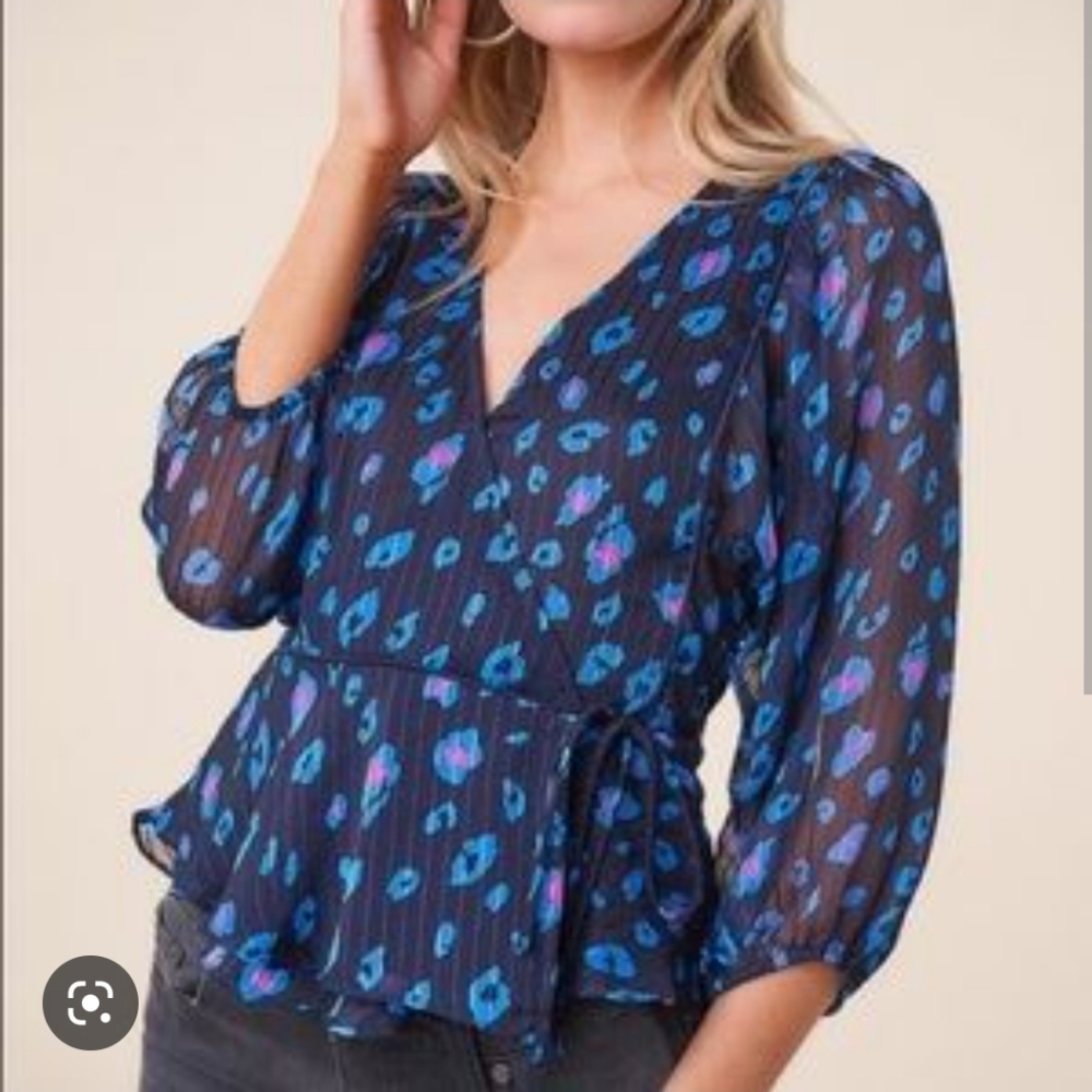 SUGAR LIPS navy blue sheer peplum wrap around blouse with puff sleeves